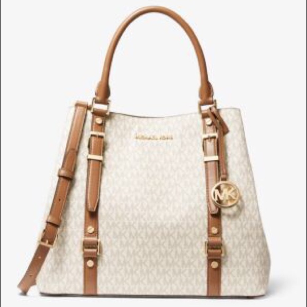 Michael Kors Beige Signature Logo Tote with Brown Trim